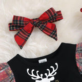 Baby Girl Reindeer Print Plaid Stitching Stars Tulle Dress