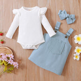 Baby Girl Long Sleeve RuffleF Suspender 3 Pcs Suits