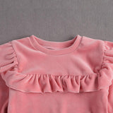 Baby Girls Velvet Round Neck Ruffle Trim Bowknot 2 Pcs Set