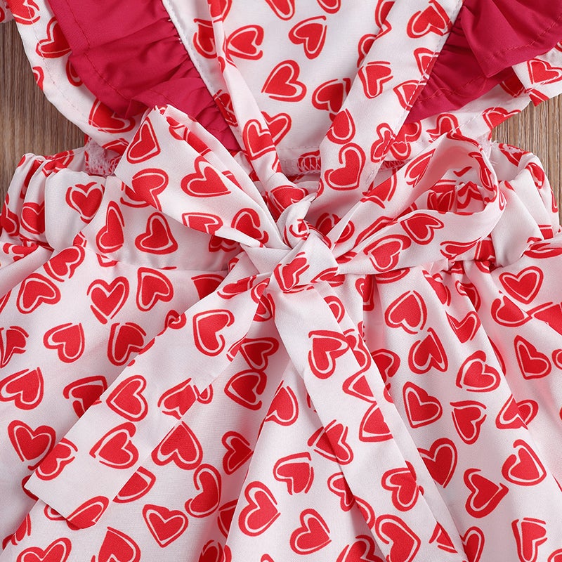 Baby Girl Heart Printed Sleeveless Dress Ruffle Valentine 2 Pcs Sets