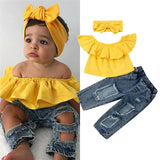 Baby Girl Solid Off Shoulder Lotus Ripped 3 Pcs Set