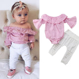 Baby Girls Off Shoulder Flare Sleeve Ripped Outfits 2 Pcs Sets