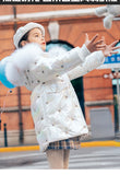 Kid Girls Cotton-padded Long Bright Leather Wool-collar Coats 4-14T