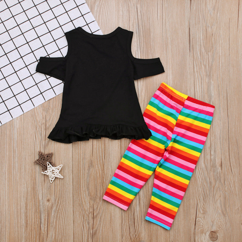 Kid Baby Girls Short Sleeve Letter Stripe Summer Rainbow 2 Pcs Sets