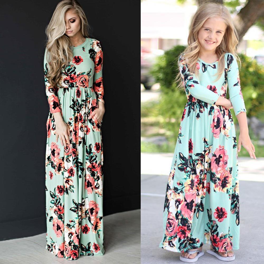 Family Matching Mother-daughter Printed Full Length Dress