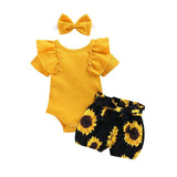 Baby Girls Ruffle Ribbed Sunflower Shorts 3 Pcs Set