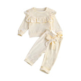 Baby Girls Velvet Round Neck Ruffle Trim Bowknot 2 Pcs Set