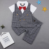 Baby Boy Suit Short-sleeved Checked Gentleman Fake 2 Pcs Sets