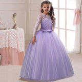 Kid Girls Long Sleeve Lace Princess Flower Pompous Dress