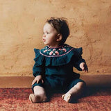 Baby Girl Cotton Linen Long Sleeve Embroidery Ruffle Romper