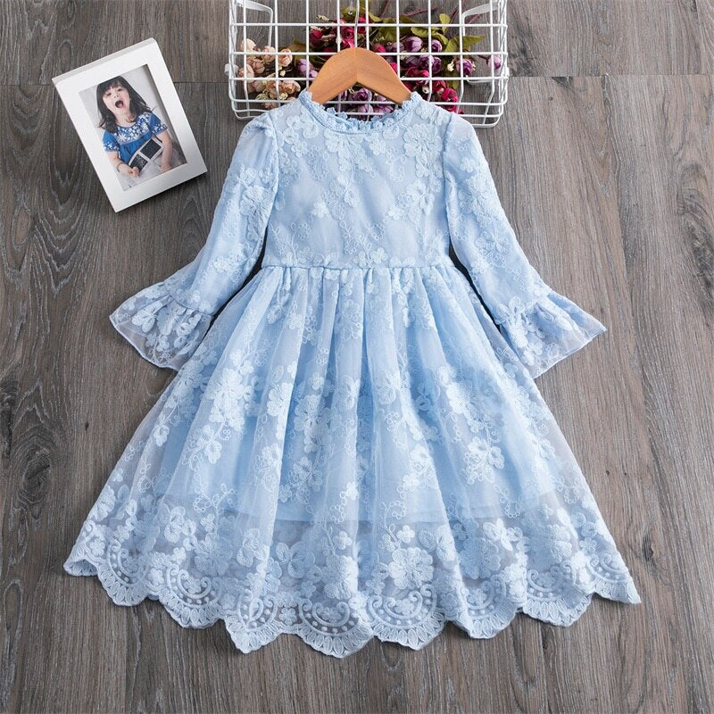 Girls Casual Autumn Floral Lace Mesh A-Line Birthday Party Dresses