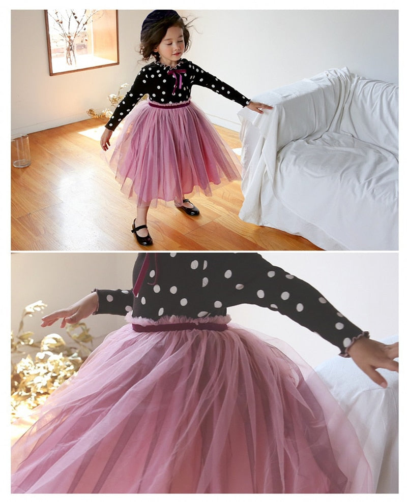 Girls Dress Polka Dots Winter Cotton Patchwork Mesh Dresses 2-8 Years