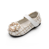 Girls Leather Shoes Fashion Grid Pearl Rhinestone Princess Shoes Flat Sneakers