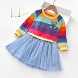 Baby Girls Autumn Casual Long Sleeve Rainbow Striped Patchwork Mesh Dresses 2-8 Years