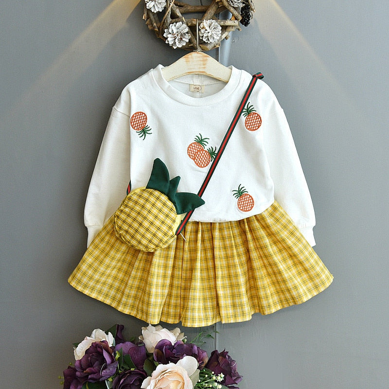 Autumn Embroidered Long Sleeve Plaid Skirt Dress 2 Pcs Set 1-6 Y
