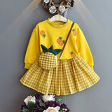 Autumn Embroidered Long Sleeve Plaid Skirt Dress 2 Pcs Set 1-6 Y