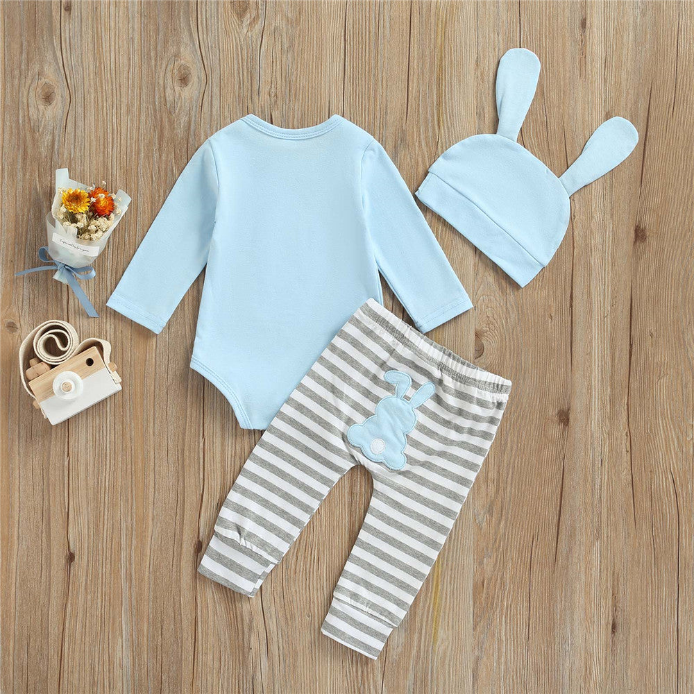 Baby Boy Easter Rabbit Print Bodysuit Striped 3 Pcs Sets