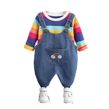 Kids Boy Girl Autumn Cotton Stripe Jacket Denim Bib 2Pcs/sets