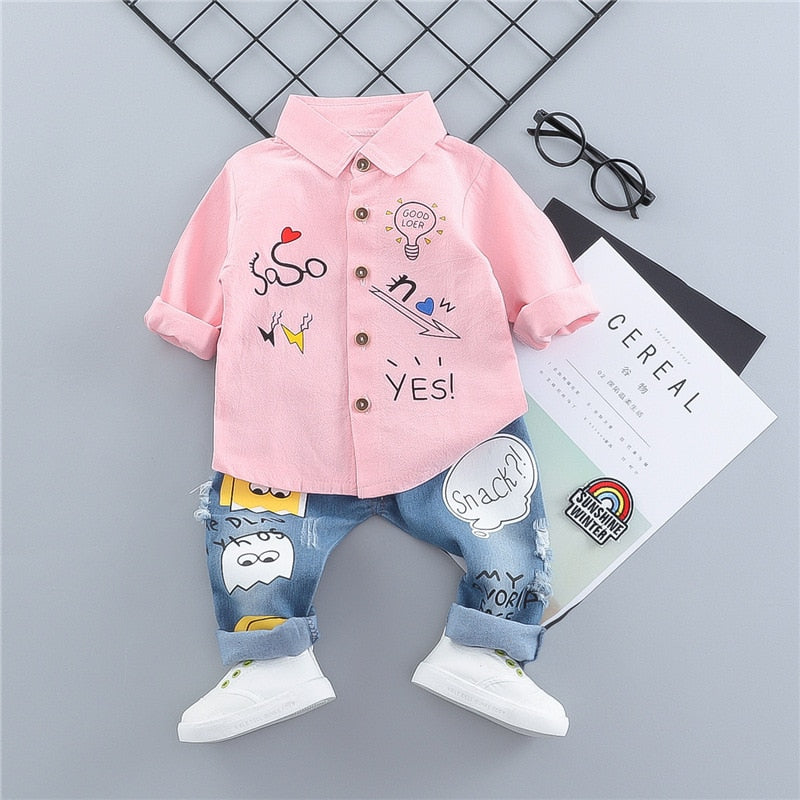 Kids Boys Girl Suits Print Jeans 2 Pcs Sets Costume