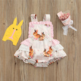 Baby Girl Jumpsuits Easter Rabbit Floral Print Sleeveless Ruffle Romper