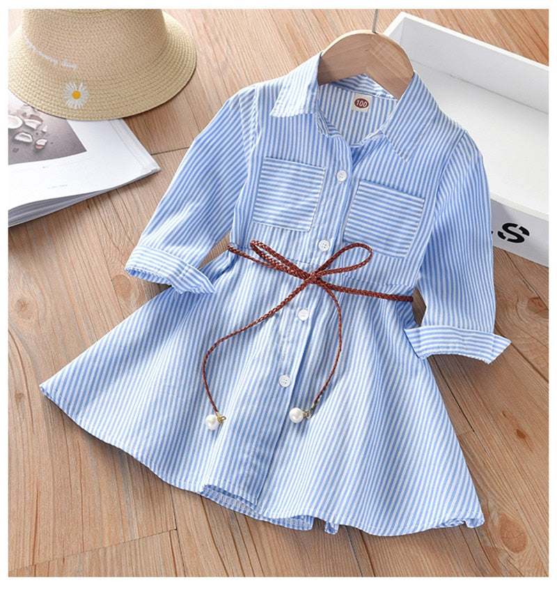 Baby Girls Stripe Long Sleeve Party Belt Fall Winter Casual Dress for 2-6Y