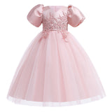 Kid Girls Wedding Party Beaded Flower Puff Sleeve Princess Pageant Dresses