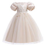 Kid Girls Wedding Party Beaded Flower Puff Sleeve Princess Pageant Dresses