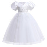 Kid Girls Wedding Party Beaded Flower Puff Sleeve Princess Pageant Dresses