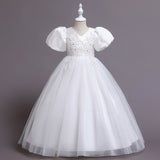 Kid Girls Wedding Party Beaded Flower Puff Sleeve Princess Pageant Dresses