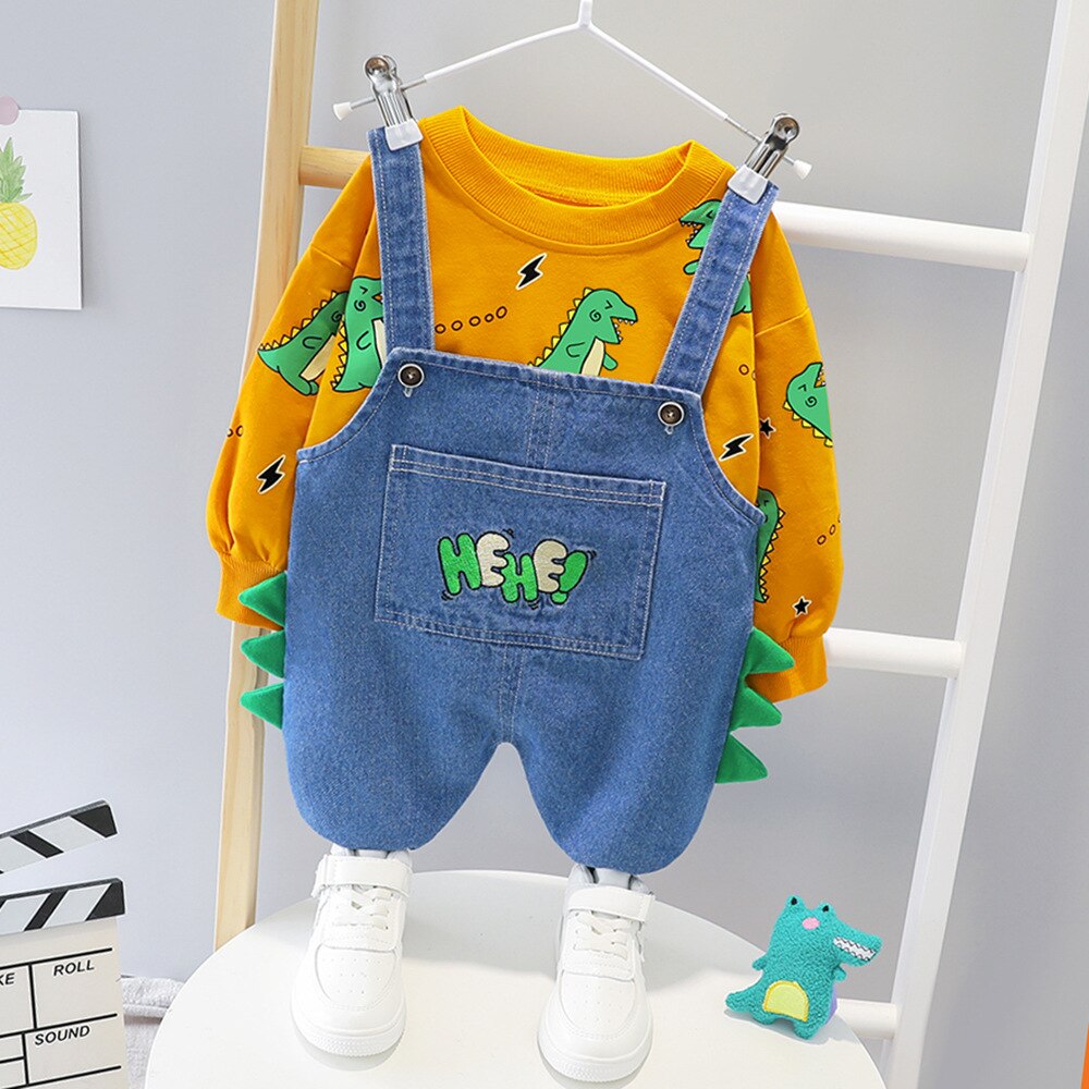 Boys Clothes Sets Dinosaur Printed Top + Denim Overalls 2Pcs Suits for 1-4 Years