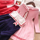 Girls Dress Cartoon Rabbit Sailor Collar New Knitted Preppy Dress 2-10 Years