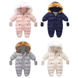 Kids Baby Winter Jumpsuit Fur Hood Snowsuit Ovealls Thick Rompers with Gloves