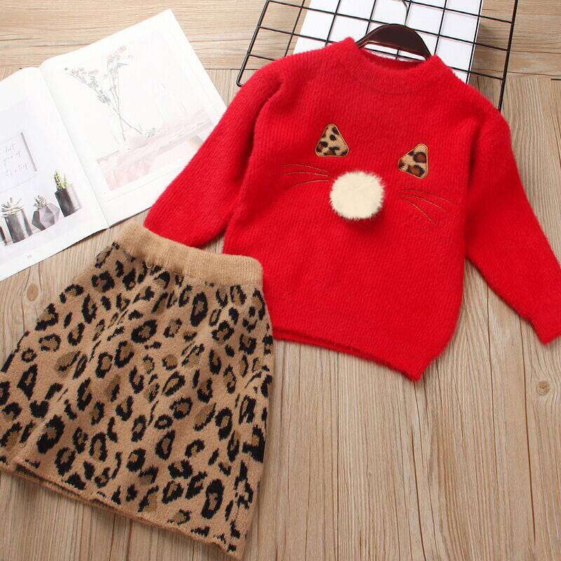 Kid Baby Girls Christmas Winter Dress Wools Warm Leopard Sets  2-5 Years