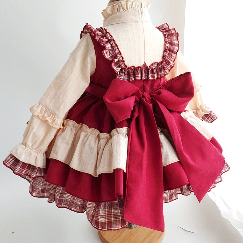 Baby Girls Long Sleeve Princess Red Vintage Party Wedding Lolita Dress