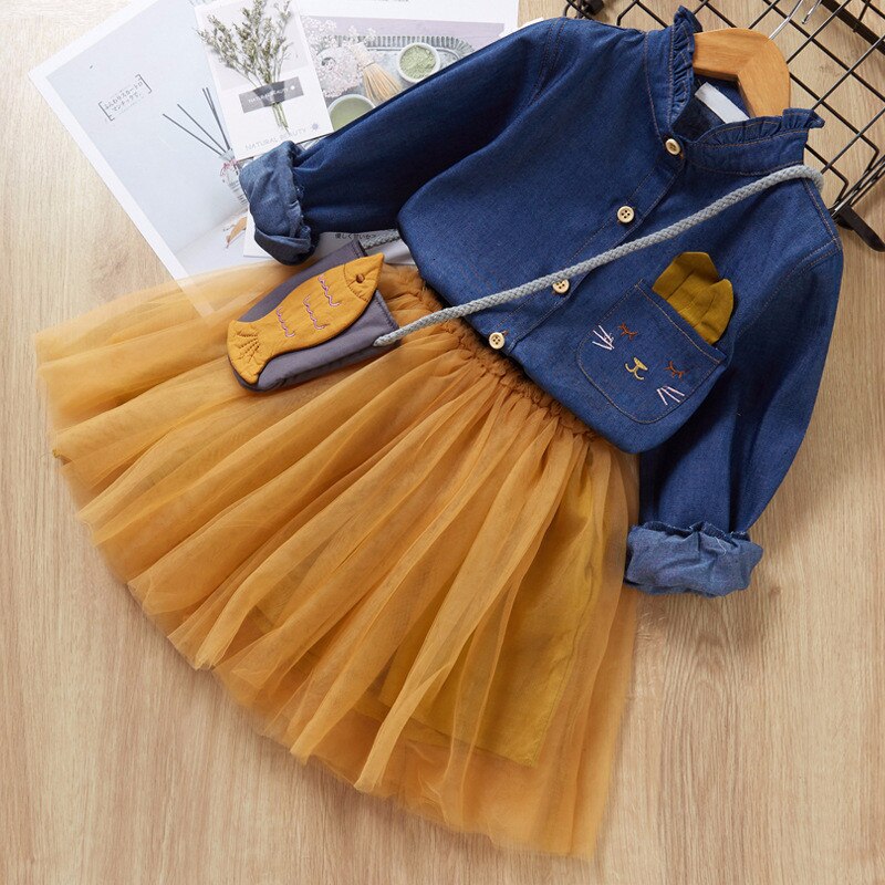 Girls Dress Denim Embroidered Tops+Tutu Skirt 2 Pcs 2-7Years