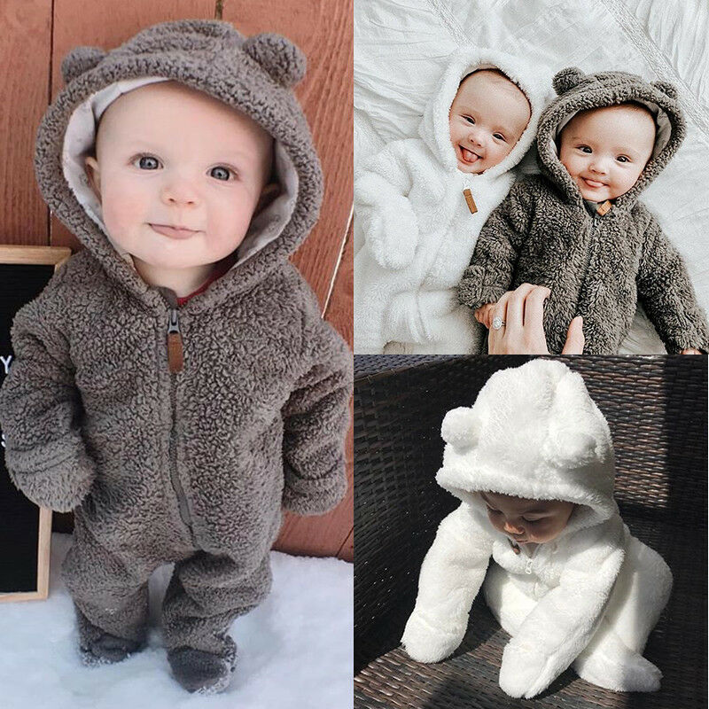 Newborn Baby Winter  Solid Color Soft Warm Fuzzy Hooded Romper Jumpsuit