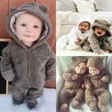 Newborn Baby Winter  Solid Color Soft Warm Fuzzy Hooded Romper Jumpsuit