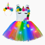 Kid Baby Girl Unicorn Tutu Princess Party With LED Lights Flower Dresses