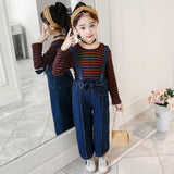 Girls Denim Bib Pants +Plaid Tops 2 Pcs Suits 3-16 Years