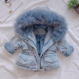 Baby Girls Coats Fur Collar Jackets Winter Thick Denim Outerwear 1-6Y
