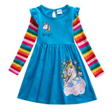 Girls Dress Cotton Long Sleeve Unicorn Spring Autumn Embroidered Rainbow Dress