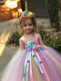 Girls Pastel Unicorn Flower Tutu Dress Crochet Tulle Strap Birthday Dress Ball Gown Party Costume - honeylives