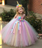 Girls Pastel Unicorn Flower Tutu Dress Crochet Tulle Strap Birthday Dress Ball Gown Party Costume - honeylives
