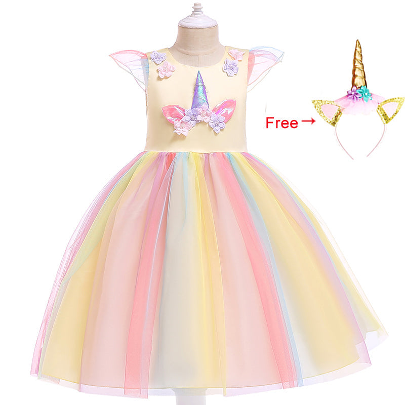 Girls Unicorn Dress Gown Cosplay  Birthday Party Fantasy Princess Dresses - honeylives