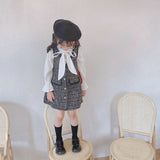 Girls Long Sleeve Dress Kids Houndstooth Vest+Dress 2 Pcs