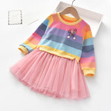 Baby Girls Autumn Casual Long Sleeve Rainbow Striped Patchwork Mesh Dresses 2-8 Years