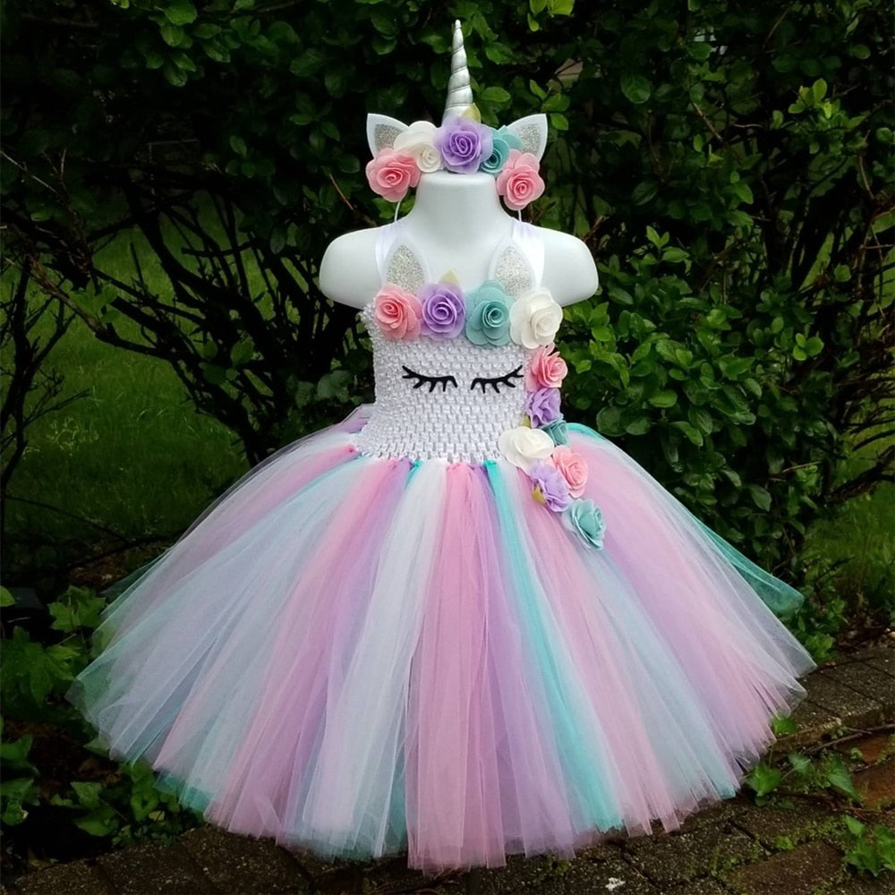 Cute Baby Unicorn Flower Tutu Pastel Tulle Dress with Hairbow Kids Birthday Party Costume - honeylives