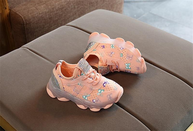 Baby Girl Butterfly Crystal Led Luminous casual breathable Glowing Sneakers Shoes