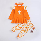 0-18M Baby Girl Halloween Frilly Long Sleeves Pumpkin Print 3 Pcs Sets