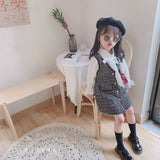 Girls Long Sleeve Dress Kids Houndstooth Vest+Dress 2 Pcs